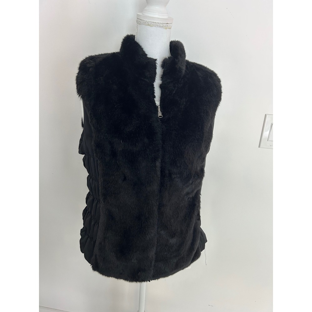 Mob Wife Black Faux Fur Front Quilted Smocked Back Puffer Vest Full Zip Medium